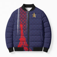 Custom Midnight Navy Football Bomber Puffer Jacket Paris Architectural Heritage Style - Wonder Print Shop