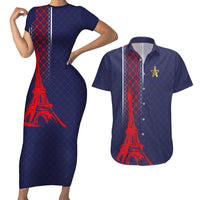 Custom Midnight Navy Football Couples Matching Short Sleeve Bodycon Dress and Hawaiian Shirt Paris Architectural Heritage Style - Wonder Print Shop