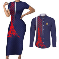 Custom Midnight Navy Football Couples Matching Short Sleeve Bodycon Dress and Long Sleeve Button Shirt Paris Architectural Heritage Style - Wonder Print Shop
