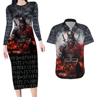 Viking Valhalla Couples Matching Long Sleeve Bodycon Dress and Hawaiian Shirt Norseman and Burning Battlefield - Wonder Print Shop