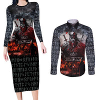 Viking Valhalla Couples Matching Long Sleeve Bodycon Dress and Long Sleeve Button Shirt Norseman and Burning Battlefield - Wonder Print Shop