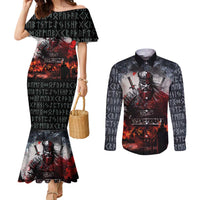 Viking Valhalla Couples Matching Mermaid Dress and Long Sleeve Button Shirt Norseman and Burning Battlefield - Wonder Print Shop