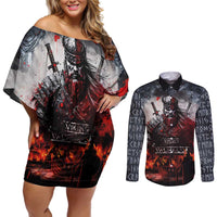Viking Valhalla Couples Matching Off Shoulder Short Dress and Long Sleeve Button Shirt Norseman and Burning Battlefield - Wonder Print Shop