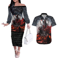 Viking Valhalla Couples Matching Off The Shoulder Long Sleeve Dress and Hawaiian Shirt Norseman and Burning Battlefield - Wonder Print Shop