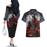 Viking Valhalla Couples Matching Off The Shoulder Long Sleeve Dress and Hawaiian Shirt Norseman and Burning Battlefield - Wonder Print Shop