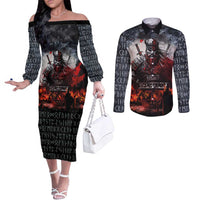 Viking Valhalla Couples Matching Off The Shoulder Long Sleeve Dress and Long Sleeve Button Shirt Norseman and Burning Battlefield - Wonder Print Shop