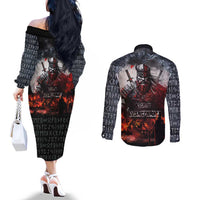 Viking Valhalla Couples Matching Off The Shoulder Long Sleeve Dress and Long Sleeve Button Shirt Norseman and Burning Battlefield - Wonder Print Shop
