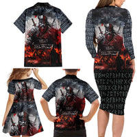 Viking Valhalla Family Matching Long Sleeve Bodycon Dress and Hawaiian Shirt Norseman and Burning Battlefield - Wonder Print Shop
