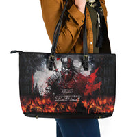 Viking Valhalla Leather Tote Bag Norseman and Burning Battlefield - Wonder Print Shop