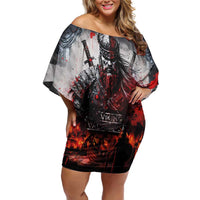 Viking Valhalla Off Shoulder Short Dress Norseman and Burning Battlefield - Wonder Print Shop