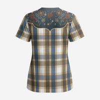 Vintage Western Flowers Yoke Shirt Style Scrub Top Gingham - Wonder Print Shop