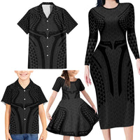 Hawaiian Kakau Art Tattoos Aquaman Style Family Matching Long Sleeve Bodycon Dress and Hawaiian Shirt Black Version - Wonder Print Shop