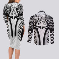 Hawaiian Kakau Art Tattoos Aquaman Style Couples Matching Long Sleeve Bodycon Dress and Long Sleeve Button Shirt White Version - Wonder Print Shop