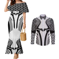 Hawaiian Kakau Art Tattoos Aquaman Style Couples Matching Mermaid Dress and Long Sleeve Button Shirt White Version - Wonder Print Shop