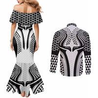 Hawaiian Kakau Art Tattoos Aquaman Style Couples Matching Mermaid Dress and Long Sleeve Button Shirt White Version - Wonder Print Shop