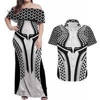 Hawaiian Kakau Art Tattoos Aquaman Style Couples Matching Off Shoulder Maxi Dress and Hawaiian Shirt White Version - Wonder Print Shop