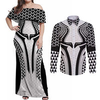 Hawaiian Kakau Art Tattoos Aquaman Style Couples Matching Off Shoulder Maxi Dress and Long Sleeve Button Shirt White Version - Wonder Print Shop