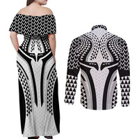 Hawaiian Kakau Art Tattoos Aquaman Style Couples Matching Off Shoulder Maxi Dress and Long Sleeve Button Shirt White Version - Wonder Print Shop