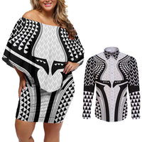 Hawaiian Kakau Art Tattoos Aquaman Style Couples Matching Off Shoulder Short Dress and Long Sleeve Button Shirt White Version - Wonder Print Shop