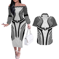 Hawaiian Kakau Art Tattoos Aquaman Style Couples Matching Off The Shoulder Long Sleeve Dress and Hawaiian Shirt White Version - Wonder Print Shop