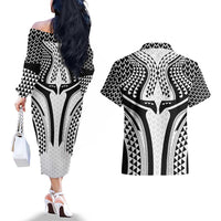 Hawaiian Kakau Art Tattoos Aquaman Style Couples Matching Off The Shoulder Long Sleeve Dress and Hawaiian Shirt White Version - Wonder Print Shop