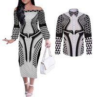 Hawaiian Kakau Art Tattoos Aquaman Style Couples Matching Off The Shoulder Long Sleeve Dress and Long Sleeve Button Shirt White Version - Wonder Print Shop