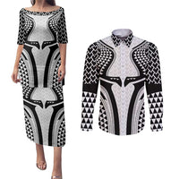 Hawaiian Kakau Art Tattoos Aquaman Style Couples Matching Puletasi and Long Sleeve Button Shirt White Version - Wonder Print Shop