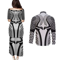 Hawaiian Kakau Art Tattoos Aquaman Style Couples Matching Puletasi and Long Sleeve Button Shirt White Version - Wonder Print Shop