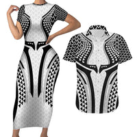 Hawaiian Kakau Art Tattoos Aquaman Style Couples Matching Short Sleeve Bodycon Dress and Hawaiian Shirt White Version - Wonder Print Shop