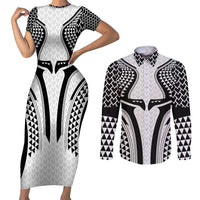 Hawaiian Kakau Art Tattoos Aquaman Style Couples Matching Short Sleeve Bodycon Dress and Long Sleeve Button Shirt White Version - Wonder Print Shop