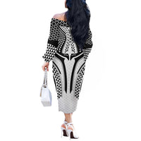 Hawaiian Kakau Art Tattoos Aquaman Style Off The Shoulder Long Sleeve Dress White Version - Wonder Print Shop