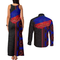Haiti Flag Day African Seamless Pattern Couples Matching Tank Maxi Dress and Long Sleeve Button Shirt - Wonder Print Shop