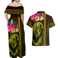 Hawaiian Reggae Music Couples Matching Off Shoulder Maxi Dress and Hawaiian Shirt Jamaica Singer Tribal Polynesian and Hibiscus - Wonder Print Shop