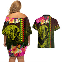 Hawaiian Reggae Music Couples Matching Off Shoulder Short Dress and Hawaiian Shirt Jamaica Singer Tribal Polynesian and Hibiscus - Wonder Print Shop