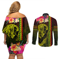 Hawaiian Reggae Music Couples Matching Off Shoulder Short Dress and Long Sleeve Button Shirt Jamaica Singer Tribal Polynesian and Hibiscus - Wonder Print Shop