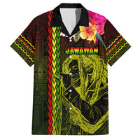 Hawaiian-style button-up shirt with black tribal portrait print, neon pattern panels, hibiscus
