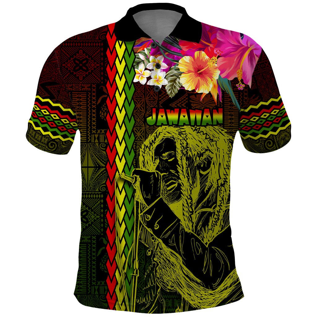 Hawaiian Reggae Music Polo Shirt Jamaica Singer Tribal Polynesian and Hibiscus