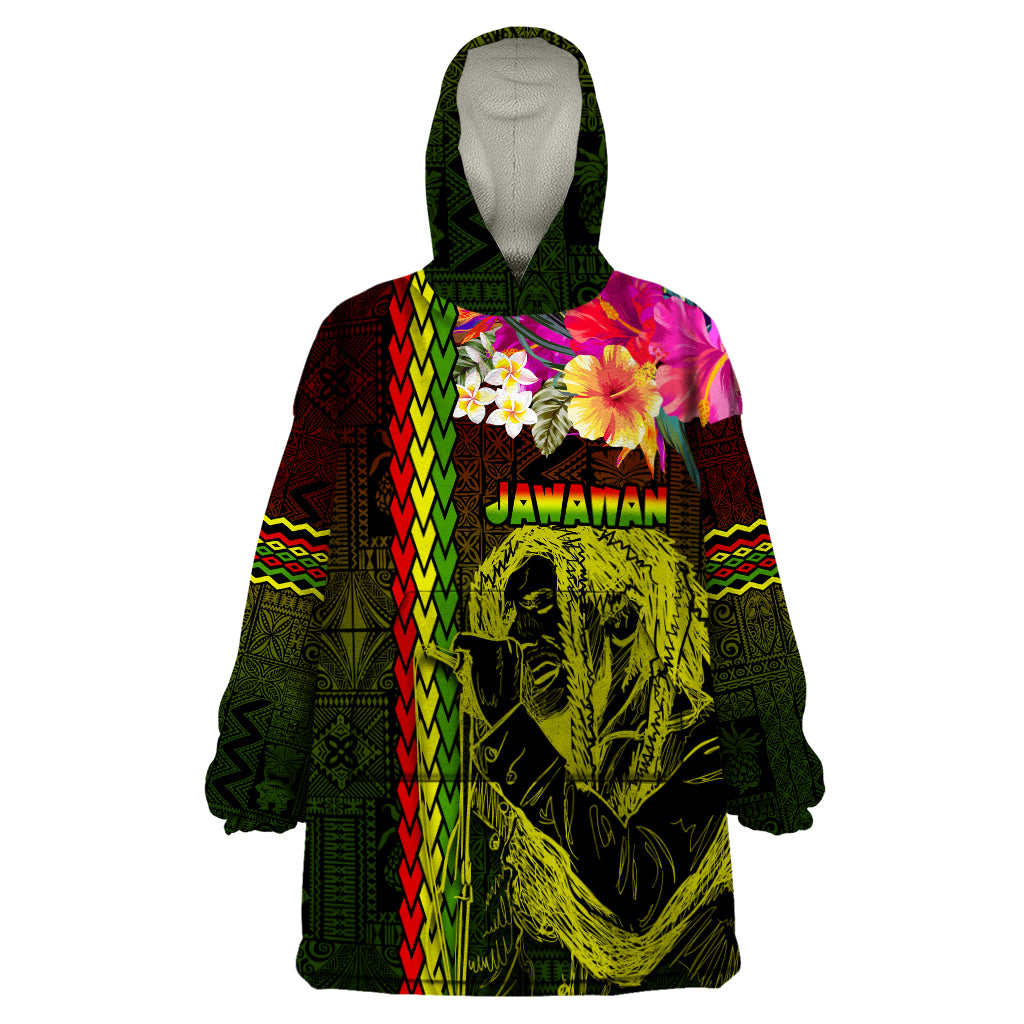 Hawaiian Reggae Music Wearable Blanket Hoodie Jamaica Singer Tribal Polynesian and Hibiscus