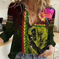 Hawaiian Reggae Music Women Casual Shirt Jamaica Singer Tribal Polynesian and Hibiscus - Wonder Print Shop