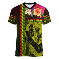 Hawaiian Reggae Music Women V-Neck T-Shirt Jamaica Singer Tribal Polynesian and Hibiscus - Wonder Print Shop