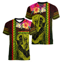 Hawaiian Reggae Music Women V-Neck T-Shirt Jamaica Singer Tribal Polynesian and Hibiscus - Wonder Print Shop