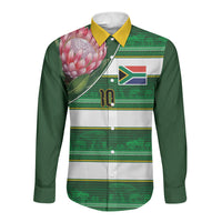 Custom South Africa Football Long Sleeve Button Shirt King Protea with African Heritage Stripes Style