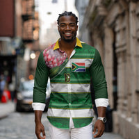 Custom South Africa Football Long Sleeve Button Shirt King Protea with African Heritage Stripes Style