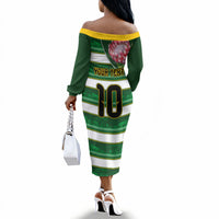 Custom South Africa Football Off The Shoulder Long Sleeve Dress King Protea with African Heritage Stripes Style