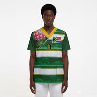 Custom South Africa Football Scrub Top King Protea with African Heritage Stripes Style