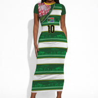 Custom South Africa Football Short Sleeve Bodycon Dress King Protea with African Heritage Stripes Style