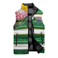 Custom South Africa Football Sleeveless Puffer Jacket King Protea with African Heritage Stripes Style