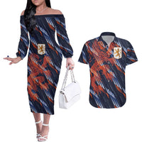 Custom Netherlands Lion Football Couples Matching Off The Shoulder Long Sleeve Dress and Hawaiian Shirt Sporty Style - Wonder Print Shop