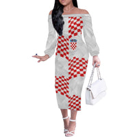 Custom Croatia Football Off The Shoulder Long Sleeve Dress Kockasti-Grunge Checkers - Wonder Print Shop
