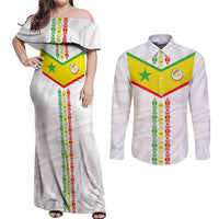 Custom Senegal Football Couples Matching Off Shoulder Maxi Dress and Long Sleeve Button Shirt Tricolor Traditional Patterns Sporty Style - Wonder Print Shop
